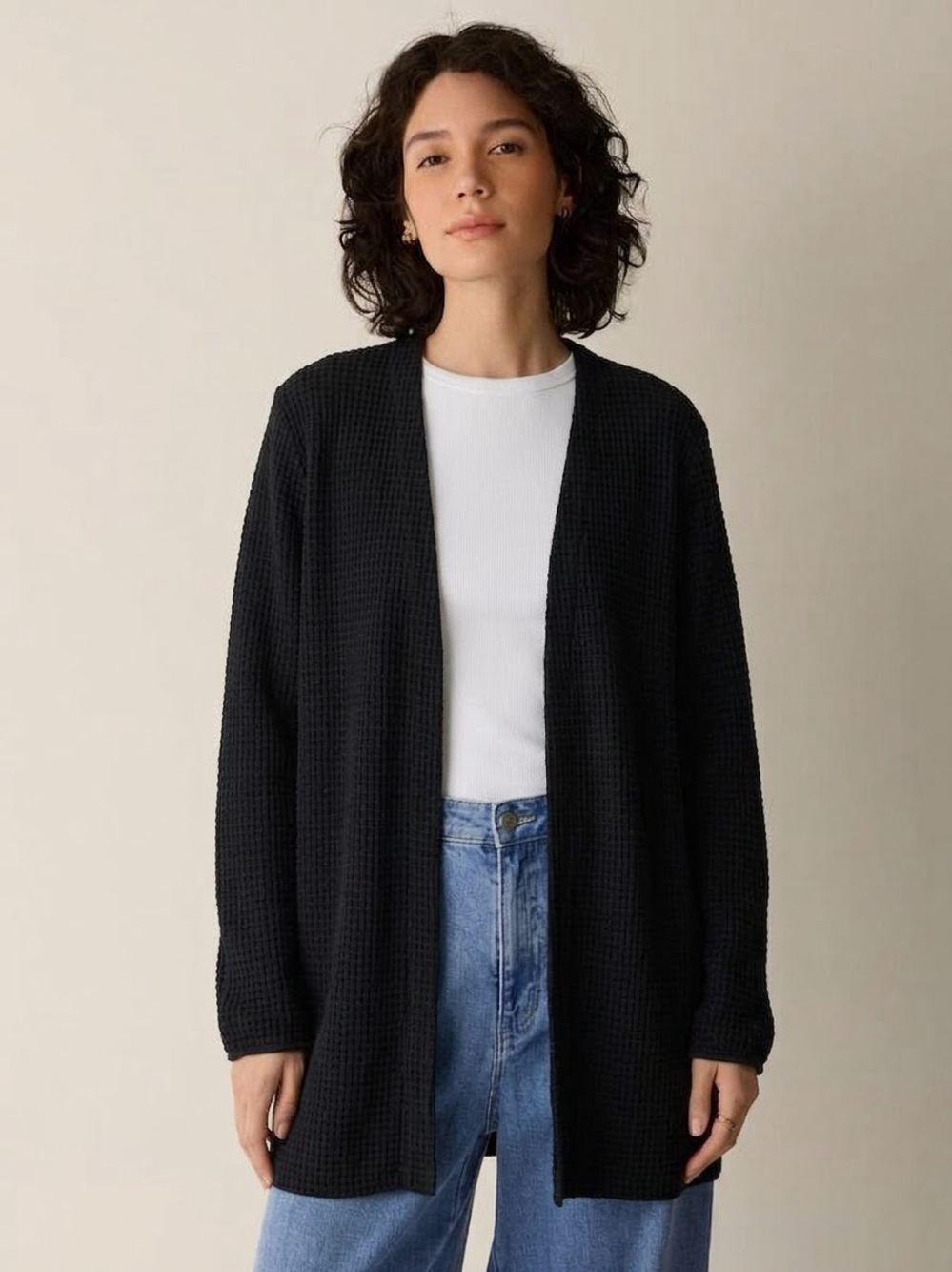EILEEN FISHER Women’s Cotton Waffle Knit Open Cardigan - Black, Large